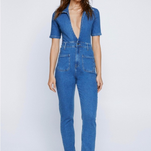 Nasty Gal Denim - Nasty Gal Women’s Deep V Neck Denim Jumpsuit
